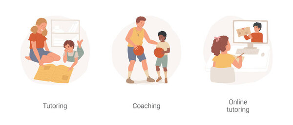 Teenage jobs isolated cartoon vector illustration set. Teenager teaching child, doing homework, giving class, sport coaching, online tutoring, video conference, summer job for teen vector cartoon.