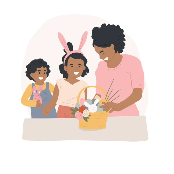 Kosz Wielkanocny Odizolowany Wektor Kreskówki Ilustracji Uśmiechnięta Matka Daje Dzieciom — Wektor stockowy