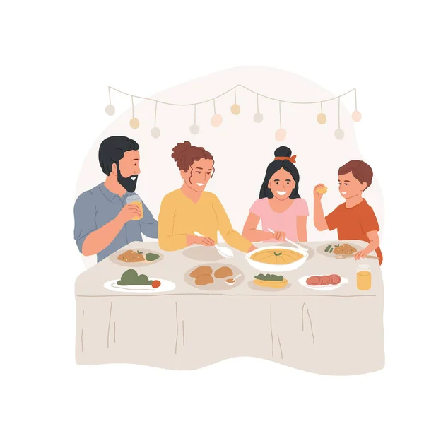 フェスティバルディナー隔離された漫画のベクトルイラスト ハヌカのお祝いのための幸せな家族の集まり ユダヤ教の宗教的な休日のための夕食を楽しみます テーブルベクトル漫画でMenorah — ストックベクタ