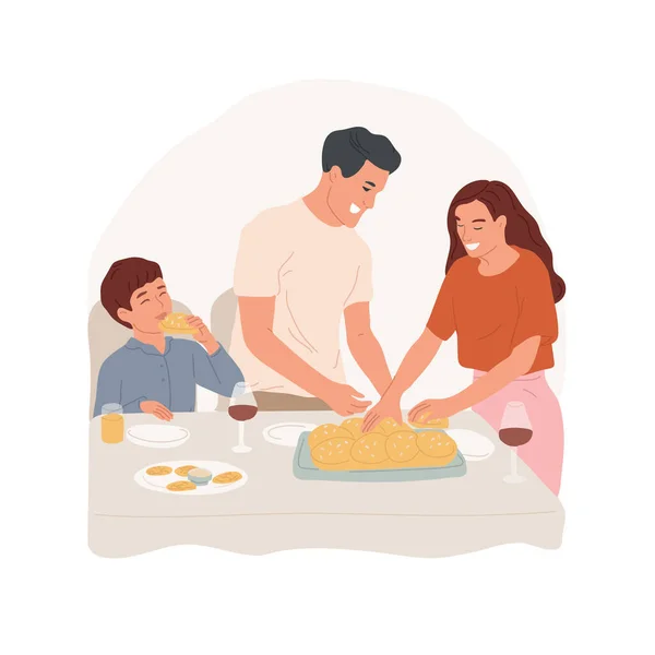 Challah Isolado Desenho Animado Ilustração Vetorial Família Comendo Pão Judeu — Vetor de Stock