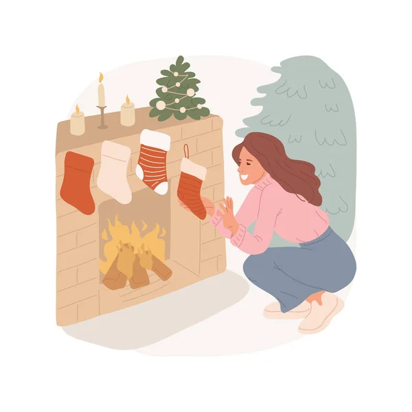 装饰装饰孤立的卡通矢量插图 年轻女子装饰壁炉 为圣诞节准备长袜 准备圣诞节 温馨的节日矢量漫画 — 图库矢量图片