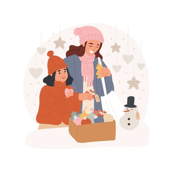 选择装饰孤立的卡通矢量插图 妈妈和女儿选择市场上的圣诞装潢 过冬的精神 一起共度圣诞节 — 图库矢量图片
