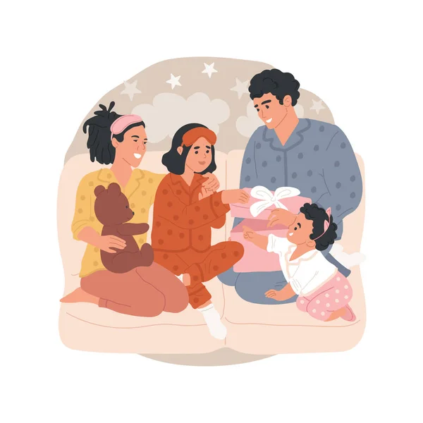 Pajama Party孤立的卡通矢量图解 穿着同样图案的睡衣的家庭成员 一起在客厅里 拆开礼物 度假时间 家庭派对卡通片 — 图库矢量图片