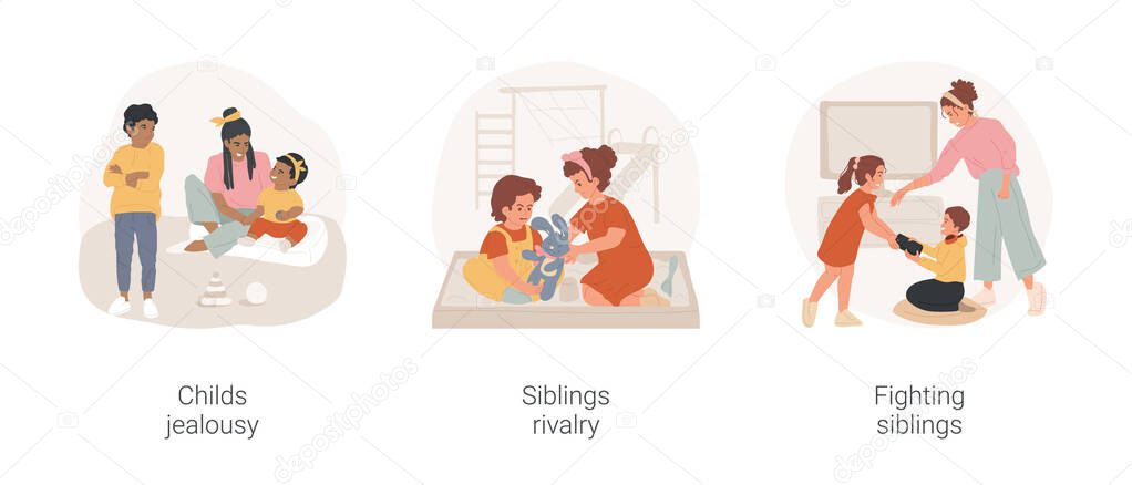 Siblings problems isolated cartoon vector illustration set. Child jealousy, resentful kid, lack of attention, siblings rivalry, toddlers tear the toy apart, children fighting vector cartoon.