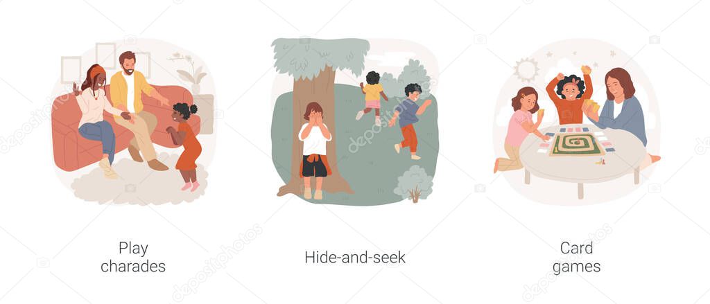 Fun games isolated cartoon vector illustration set. Family playing charades, hide-and-seek game outdoor, kid-friendly tabletop card game, happy winner, happy people vector cartoon.