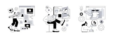 Haber kaynağı soyut konsept vektör çizimi seti. Blogumuz, dergimiz, bağış toplama, yayınlar için abonelik, en son haberler, şirket web sitesi sayfası, çömelme, makalenin soyut metaforu.