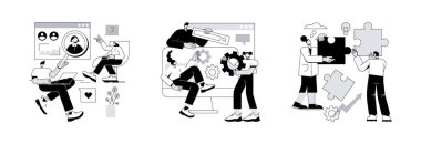 Etkili takım çalışması soyut konsept vektör çizimi seti. Tartışma, işbirliği, takım çalışması gücü, ortak görüş, beyin fırtınası, şirket web sitesi, hedef başarısı soyut metafor.