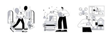 Satılık konsept vektör illüstrasyon seti. Açık ev, ev sahneleme, gayrimenkul video turu, kat planı, gezinme, özel konut, potansiyel alıcı, mobilya soyut metafor.