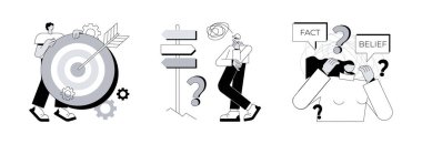 Zihinsel durum soyut konsept vektör çizimi seti. Başarı, kafa karışıklığı, bilişsel uyumsuzluk, iş hedefi, zihinsel rahatsızlık, kaçırılma, karar verme, soyut metafora odaklan.