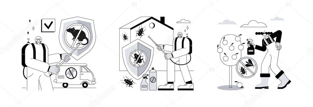 House and garden protection abstract concept vector illustration set. Rodents pest control service, home insects control, garden pests, rats trapping, vermin exterminator abstract metaphor.