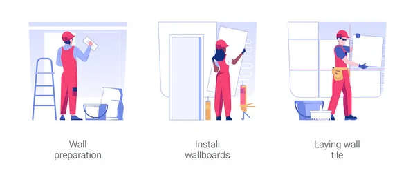 Väggar Dekoration Isolerat Koncept Vektor Illustration Set Väggförberedelse Installera Väggplattor — Stock vektor