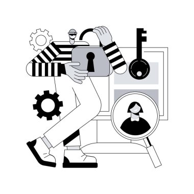 Soyut konsept vektör çizimi. Çevrimiçi bilgi toplamak, saldırmak, özel verileri hacklemek, sosyal mühendislik, kimlik bilgileri yayınlamak, soyut metaforları hacklemek.