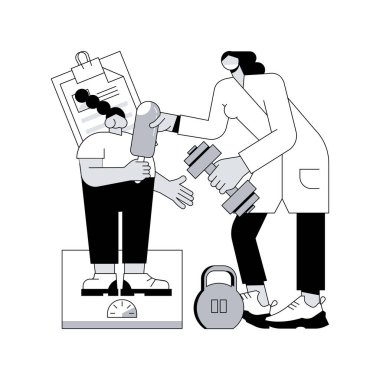 Aşırı kilolu çocuklar soyut konsept vektör çizimi eğitimi planlıyorlar. Çocuk obezitesi, aşırı kilolu, çocuk yeme bozukluğu, enerji dengesizliği, çocuk eğitimi, sağlıksız yaşam tarzı soyut metaforu.