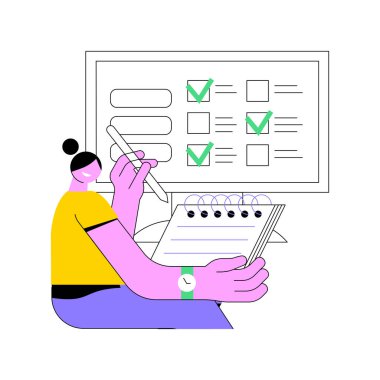 Çevrimiçi test karikatür vektör çizimleri izole edildi. Çevrimiçi testi geçerken kız düşüncesi, karantina vektör karikatürü sırasında bilgisayar ekranına, uzaktan öğrenmeye, sanal eğitime bakmak.