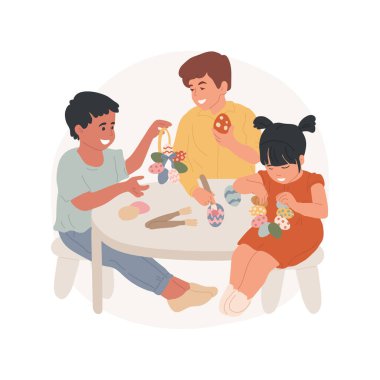 Paskalya sanatları karikatür vektör çizimi. Çocuklar yumurta boyuyor, çocuklar birlikte Paskalya zanaatı yapıyor, Pazar okulu sanat aktivitesi, dini eğitim, katolik öğretme vektörü çizgi filmi.