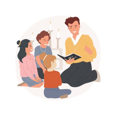 İncil dersleri karikatür vektör illüstrasyonunu izole etti. Öğretmen İncil hikayeleri okuyor, çocuklar çemberde oturuyor dinsel eğitim, pazar okulu, kutsal değerler vektör karikatürü öğretiyor..