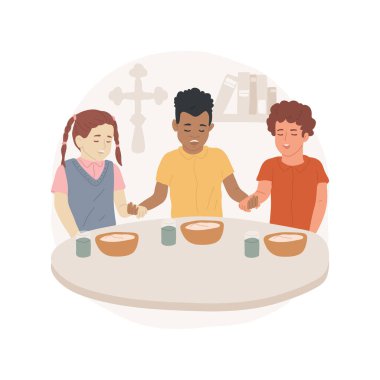 İzole edilmiş çizgi film çizimleri yapmayı öğretiyorum. Yemekten önce Tanrı 'ya şükreden çocuk, dua ederken nasıl el ele tutulacağını öğret, dini eğitim programı, özel pazar okulu çizgi filmi.