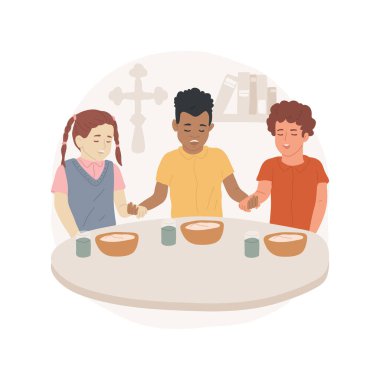 Teaching to pray isolated cartoon vector illustration. Child thanking god before meal, teach how to hold hands when praying, religious education program, private Sunday school vector cartoon. clipart