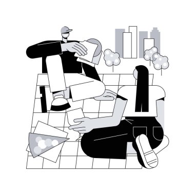 Yaz pikniği soyut konsept vektör çizimi. Yaz tatili aktiviteleri, boş zaman harcamaları, yemek malzemeleri, piknik sepeti, dışarıda aile yemekleri, park, abur cubur fikri soyut metafor..