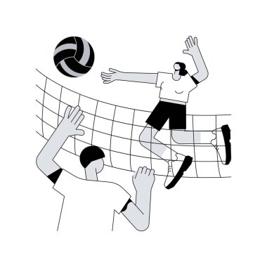 Yaz plajı aktiviteleri soyut konsept vektör çizimi. Plaj kulübü aktiviteleri, aile tatili, voleybol, jet ski kiralama, sörf ve dalış dersleri, salon servisi soyut metafor.