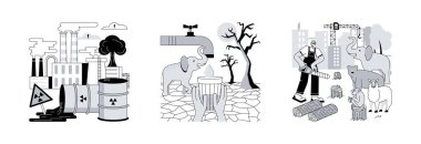 Endüstri kirliliği soyut konsept vektör çizimi seti. Teknolojik felaketler, taze su eksikliği, vahşi hayvanlar için yaşam alanı kaybı, insan yapımı çevresel sorunlar soyut metafor.