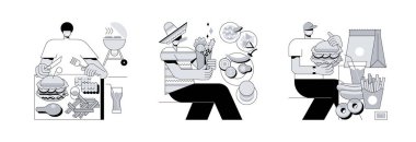 Ulusal mutfak soyut konsept vektör çizimi seti. Amerikan mutfağı, Meksika mutfağı ve fast food, barbekü yemeği, burrito tarifi, zincir restoran, abur cubur menüsü, yemek soyut metafor..