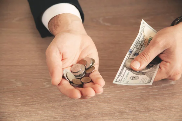 Man Hand Coins Document Desk — Stock Photo, Image