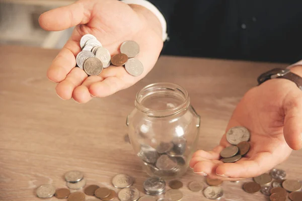 Man Putting Coin Piggy Bank Saving Money Finance Concept — Stock Photo, Image