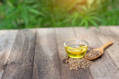 Cam kasede CBD kenevir yağı, tahta kaşıkta tohumlar ve kenevirden elde edilen yağ. Hastalıkları tedavi etmek için kullanılan doğal bitkiler. Alternatif tıp.