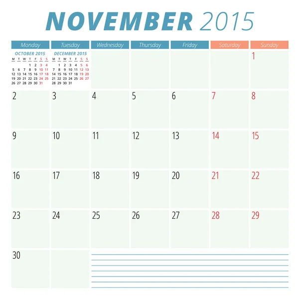 Calendrier planificateur 2015 modèle de conception vectorielle Novembre — Image vectorielle