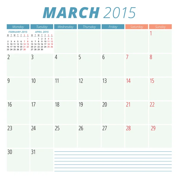 Planificador de calendario 2015 plantilla de diseño de vectores Marzo — Vector de stock