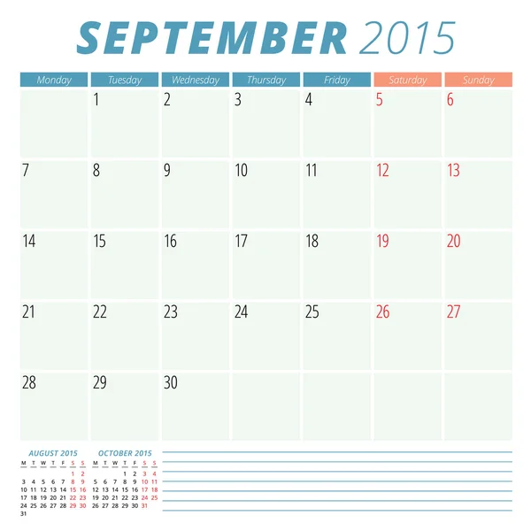 Calendar planificator 2015 șablon de proiectare vectorială Septembrie — Vector de stoc