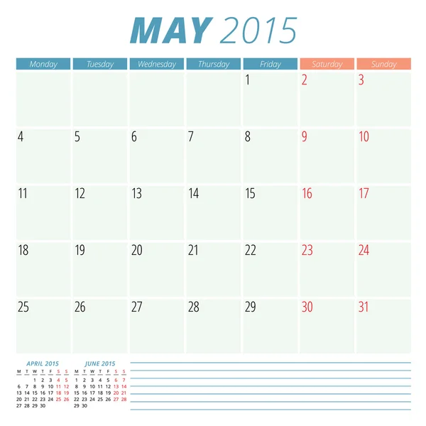 Calendar planner 2015 vector design template May — Stock Vector