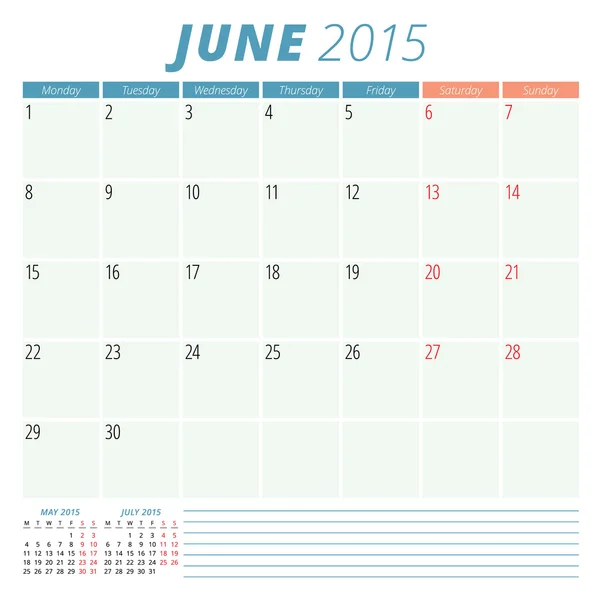Calendário planejador 2015 modelo de design vetorial Junho — Vetor de Stock