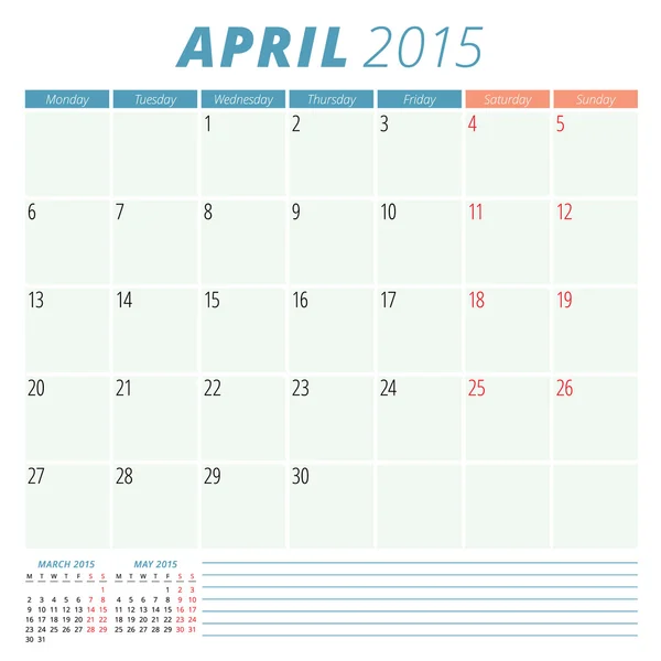 Šablona návrhu vektorové Plánovač 2015 kalendář duben — Stockový vektor