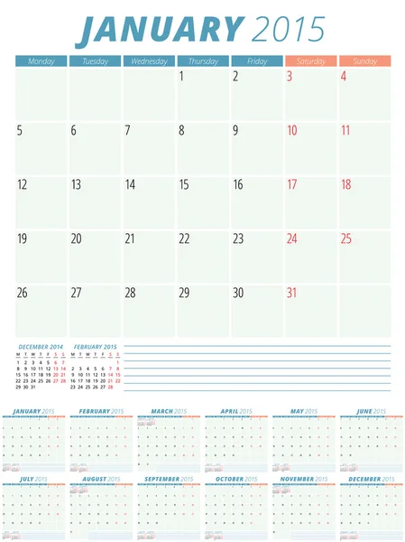 Kalender planner 2015 vector ontwerpsjabloon januari — Stockvector