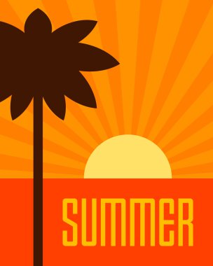 Yaz retro poster tropik cennet plaj düz tasarım vektör arka plan 