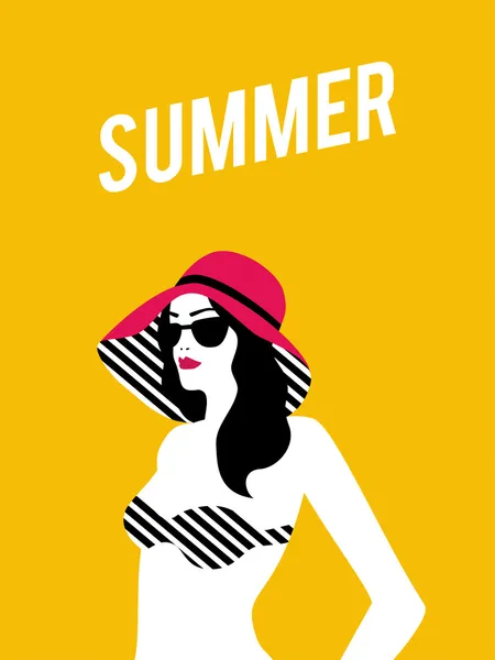 Summer retro poster girl the beach vintage vector background — Stock Vector