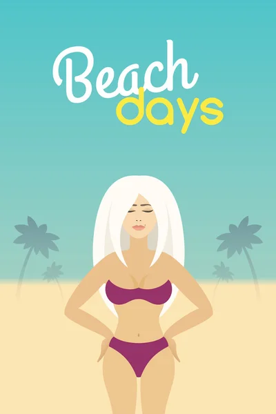 Summer retro poster girl the beach vintage vector background — Stock Vector