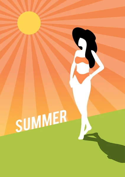 Summer retro poster girl the beach vintage vector background — Stock Vector