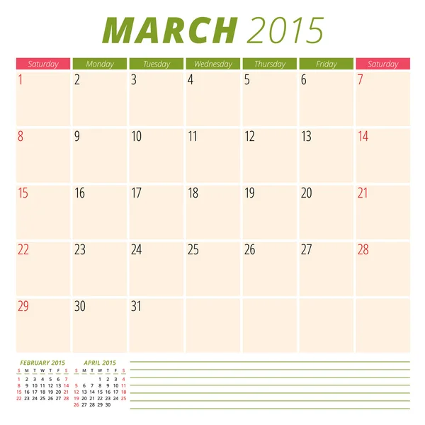 Planificador de calendario 2015 plantilla semana comienza domingo — Vector de stock