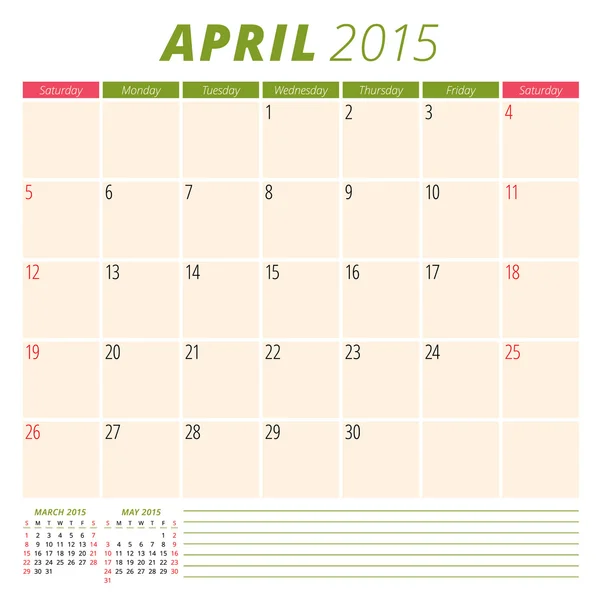 Calendar planner 2015 template week starts sunday — Stock Vector