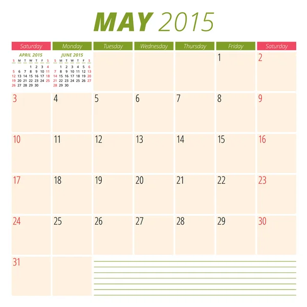 Календарь планировщик 2015 шаблон недели начинается воскресенье — стоковый вектор