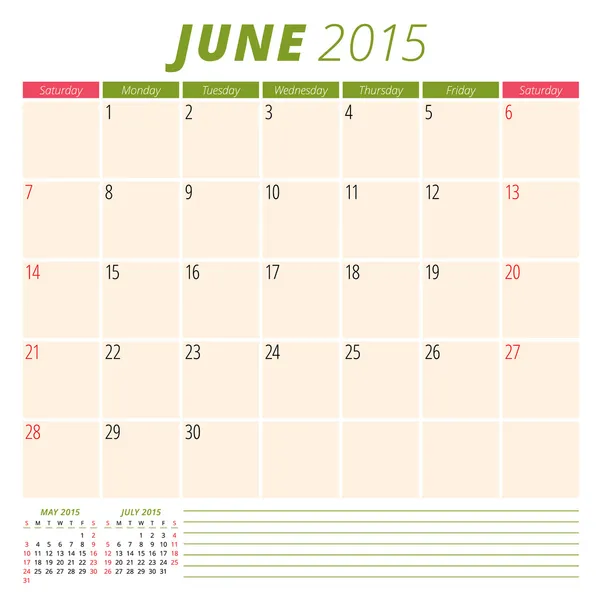 日历计划 2015年模板周开始周日 — 图库矢量图片