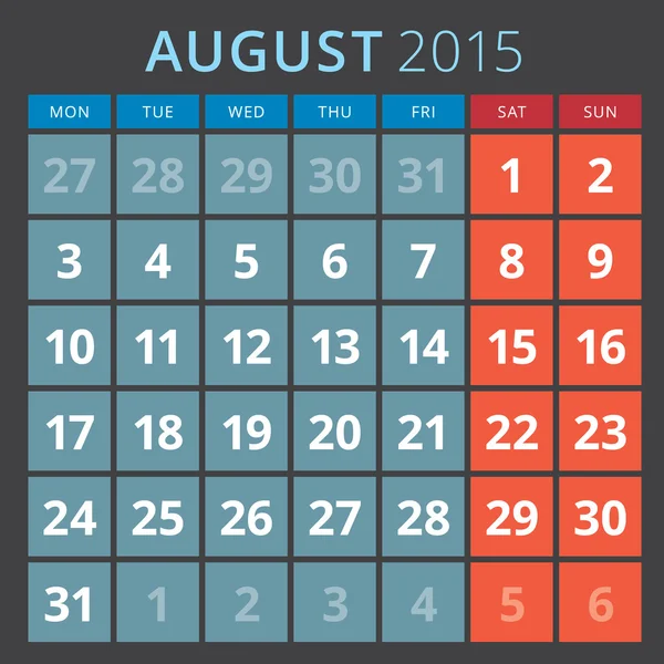 Calendario planificador 2015 plantilla semana comienza lunes — Archivo Imágenes Vectoriales