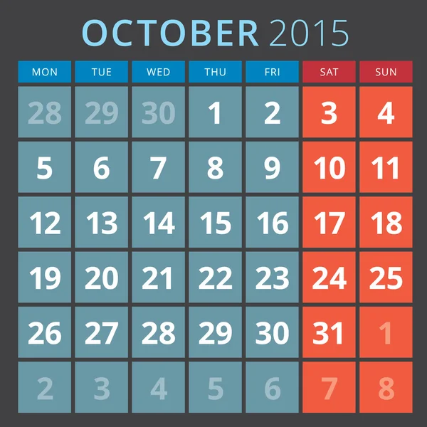 Calendrier planificateur 2015 modèle semaine commence lundi — Image vectorielle