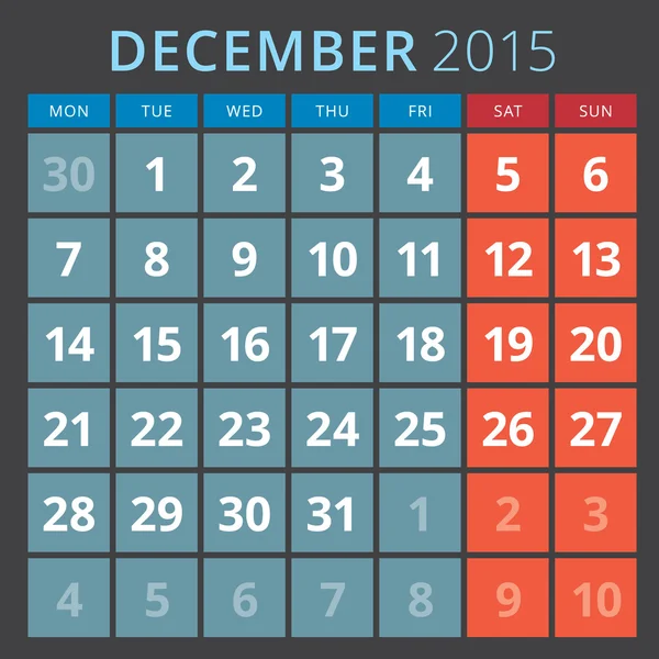 Calendario planificador 2015 plantilla semana comienza lunes — Archivo Imágenes Vectoriales