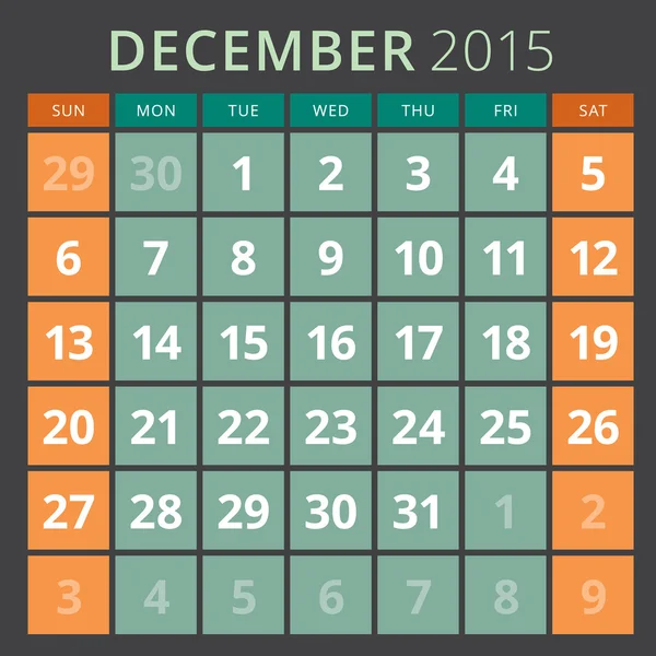 Planificador de calendario 2015 plantilla semana comienza domingo — Archivo Imágenes Vectoriales