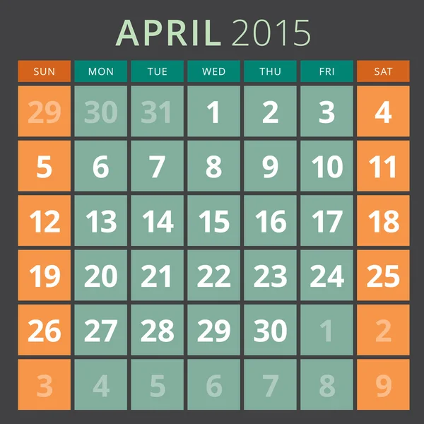 Календарь планировщик 2015 шаблон недели начинается воскресенье — стоковый вектор
