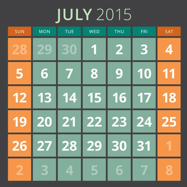 Calendário planejador 2015 semana modelo começa domingo — Vetor de Stock